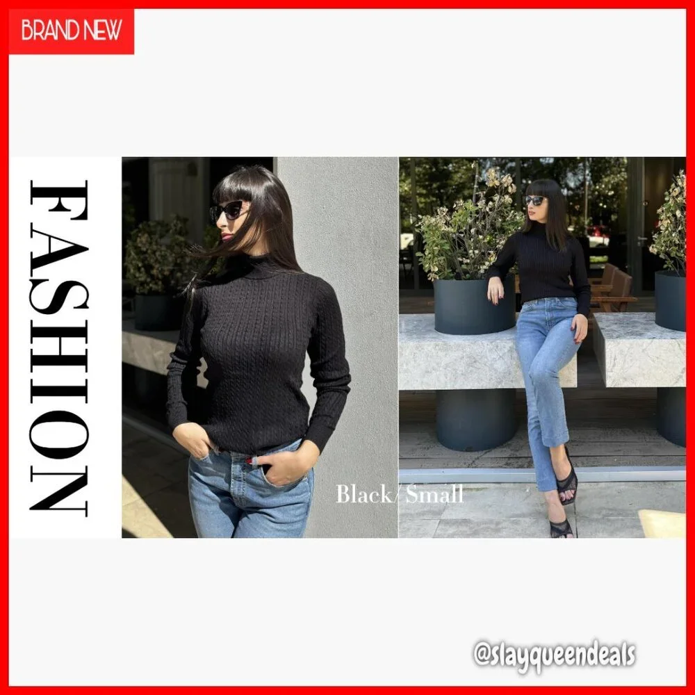 Turtleneck Cable Knit Pullover Sweater Long Sleeve Slim Fit Fall Winter